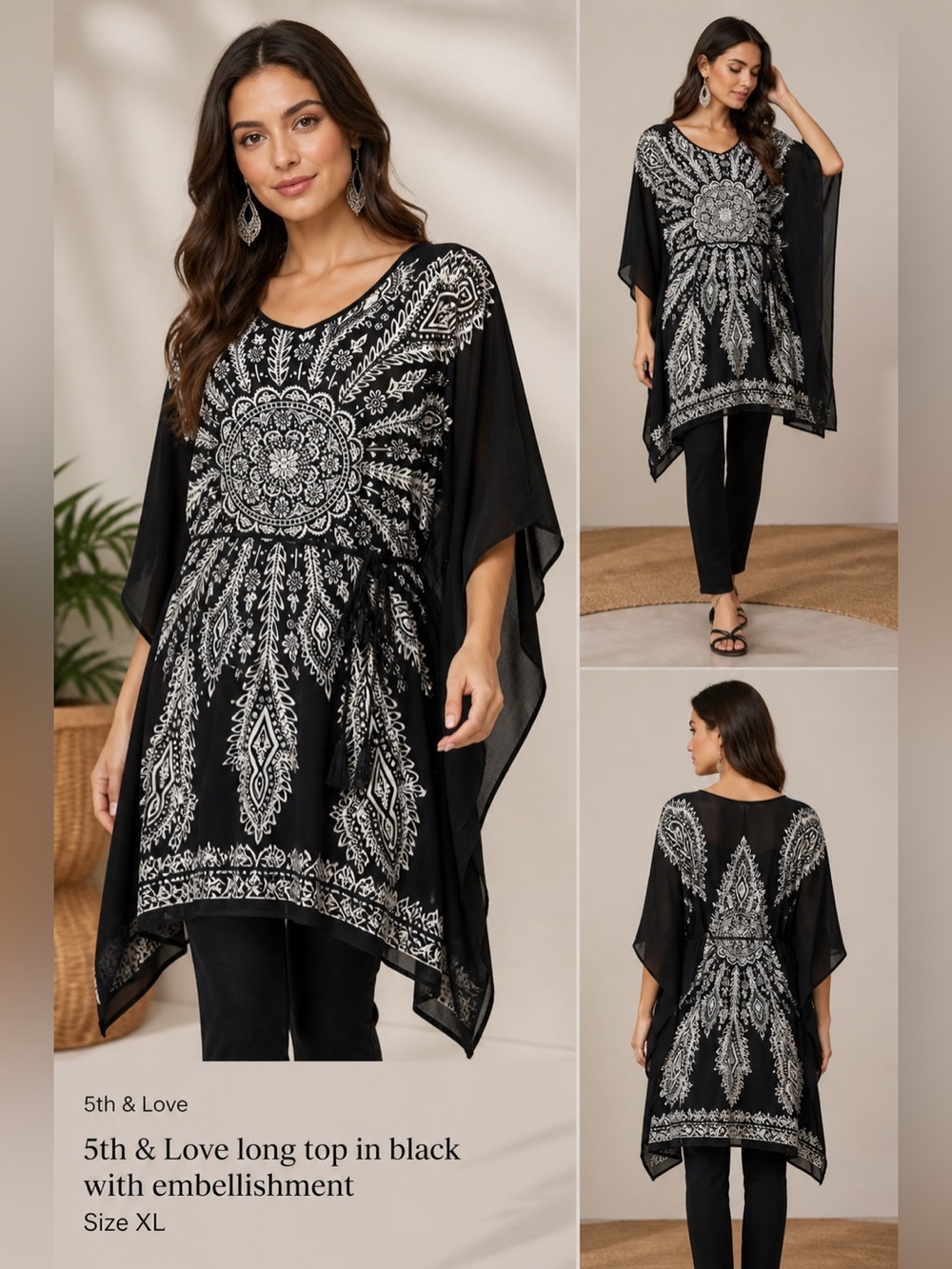 Boho Luxe Black Embellished Tunic XL | Kaftan Style‎ Statement Top Resort Chic